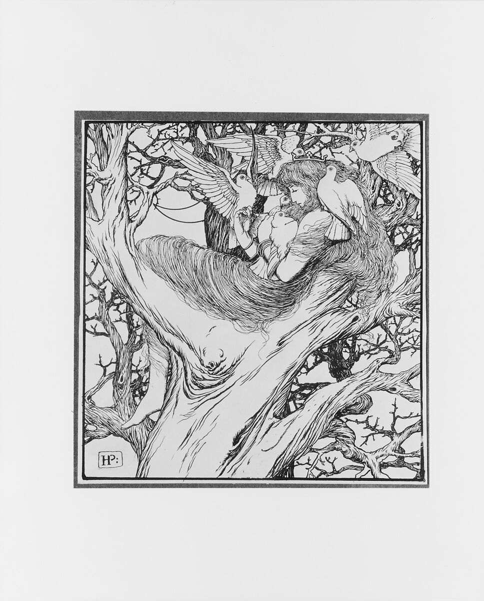 The Princess Dwells in the Oak Tree Where ye Wild Pigeons Come to Feed Her, for "The Wonder Clock", Howard Pyle (American, Wilmington, Delaware 1853–1911 Florence), Pen and ink over graphite, on white artist's board 