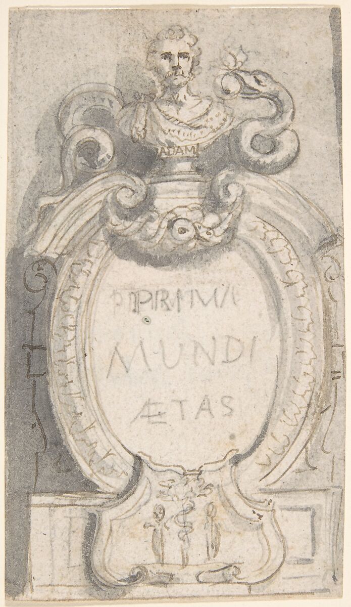 Cartouche Surmounted by a Bust, Giovanni Larciani ("Master of the Kress Landscapes") (Italian, 1484–1527), Pen and brown ink, brush with brown and gray wash, over black chalk or graphite 