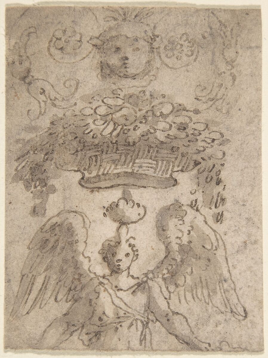 Design of an Urn with Figural Ornament., Anonymous, Italian, 17th century, Pen and brown ink, brush and brown wash 