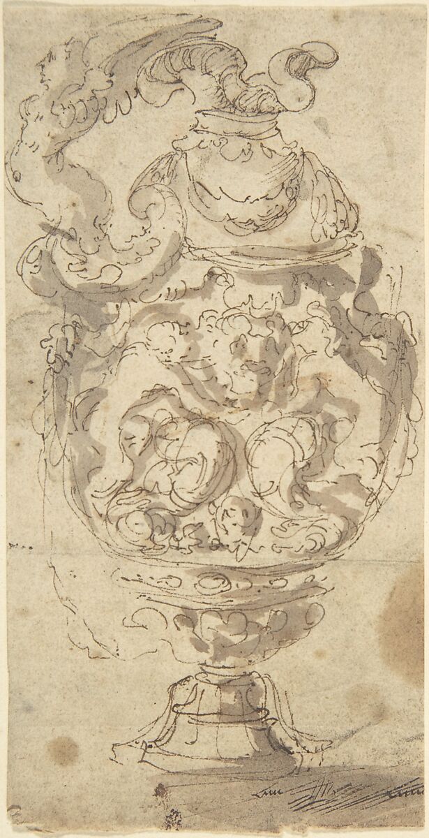 Design for a Jug with Winged-figure Handle, Anonymous, Italian?, 16th century, Pen and brown ink, brush and brown wash, over possible traces of black chalk 