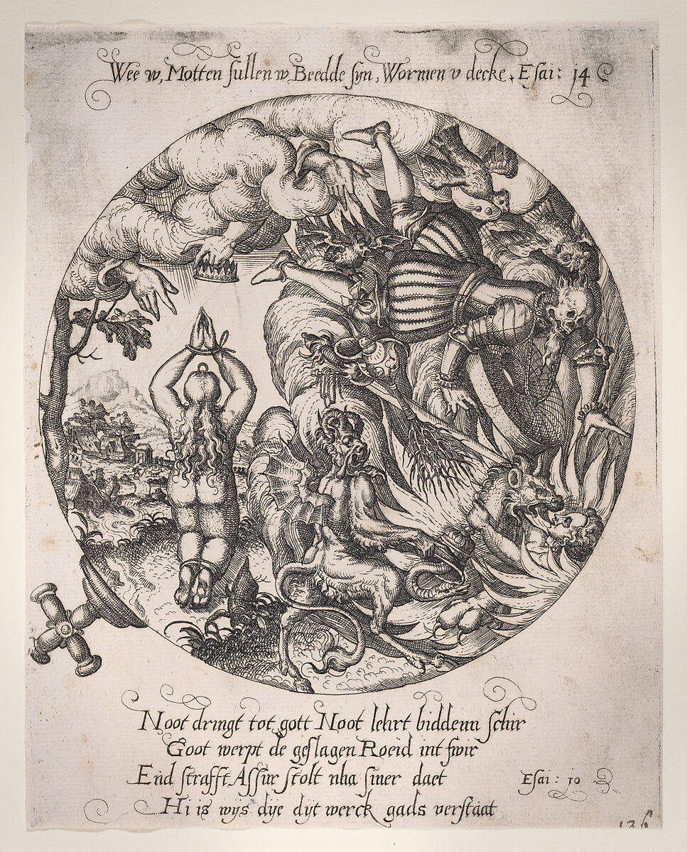 Woe to you, Maggots will be in your bed, and worms your coverlet (Isaiah 14:11), plate 4 from a series of Four Allegories of the Netherlands, Anonymous, Netherlandish, 16th century, Etching 