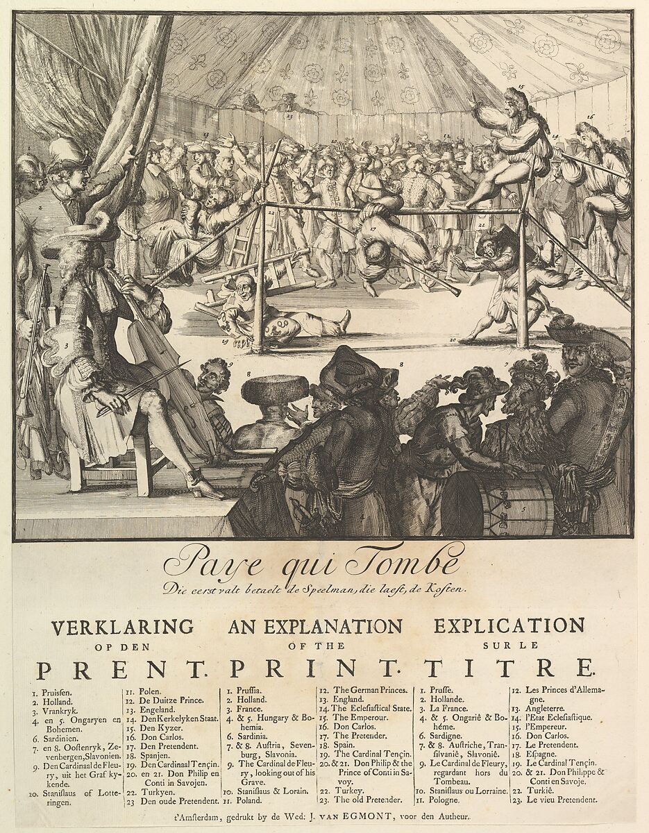 Paye qui Tombe: Die eerst valt betaelt de Speelman, die laest, de Kosten (The Fall of the Country: The First That Falls Pays the Player, the Last the Costs), Romeyn de Hooghe (Dutch, Amsterdam 1645–1708 Haarlem), Etching and letterpress; second state 