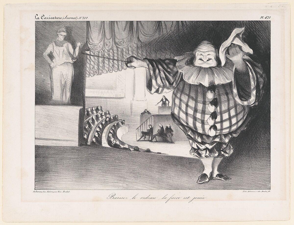 Baissez le Rideau, La Farce est Jouée (Bring Down the Curtain; the Farce is Over), published in La Caricature no. 201, September 11, 1834, Honoré Daumier (French, Marseilles 1808–1879 Valmondois), Lithograph 