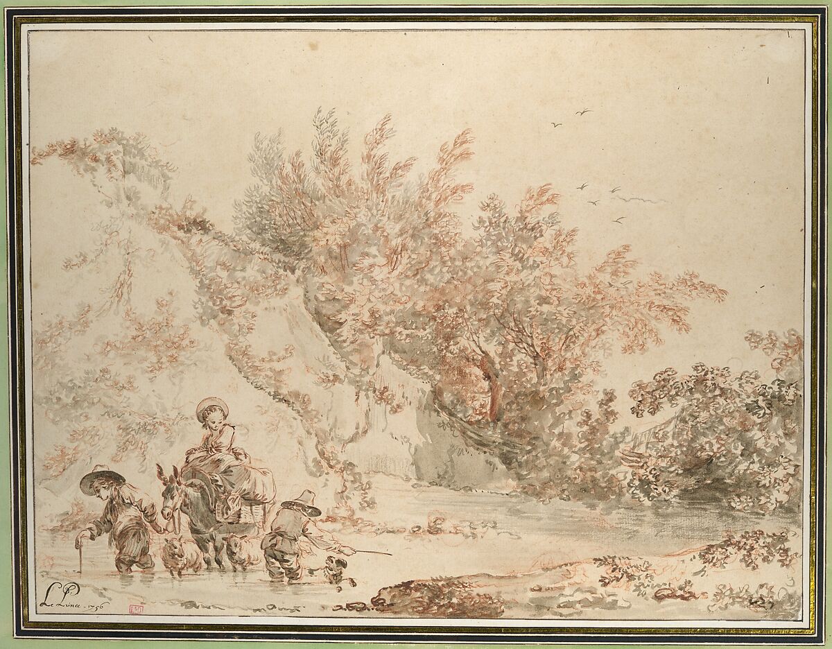 Landscape with Peasants Fording a Stream, Jean-Baptiste Le Prince (French, Metz 1734–1781 Saint-Denis-du-Port), Red chalk with brush and brown and gray wash 