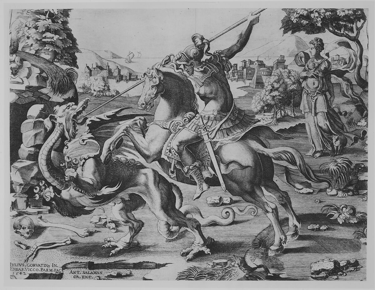 St George Killing the Dragon, Engraved by Enea Vico (Italian, Parma 1523–1567 Ferrara), Engraving 