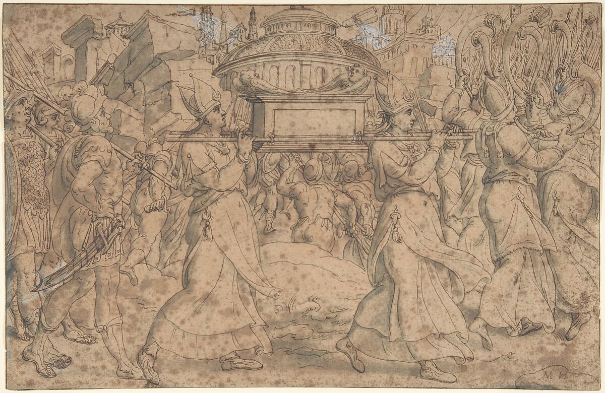 The Fall of Jericho, Gerard van Groeningen (Netherlandish, active Antwerp, 1563–73), Black chalk, pen and brown ink, green-brown wash, heightened with white 