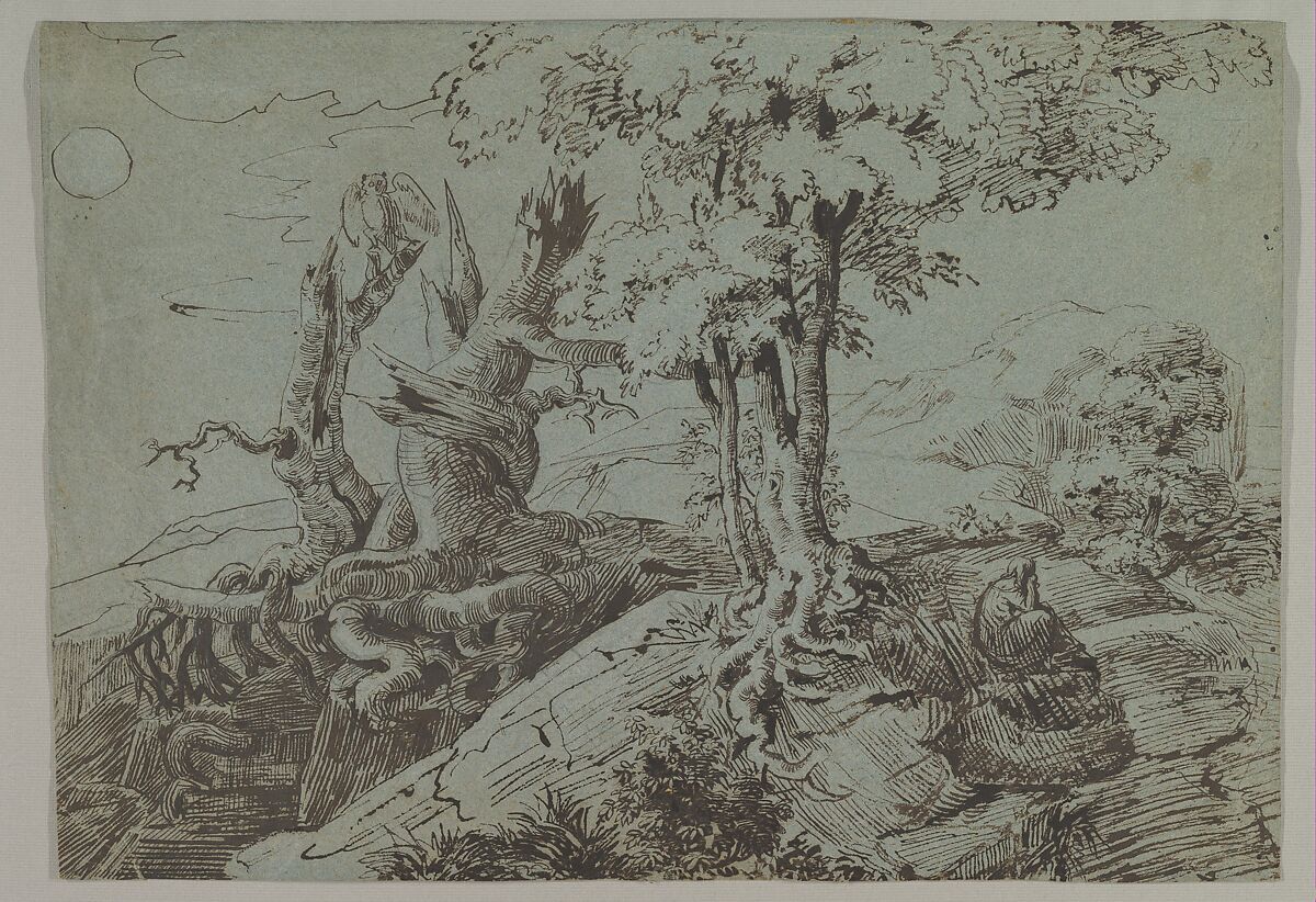 Rugged Moonlit Landscape with a Woman Seated by Gnarled Tree Roots, and an Owl, Ludwig Emil Grimm (German, Hanau 1790–1863 Kassel), Pen and brush and brown ink over black chalk with faint traces of white chalk, on blue paper 