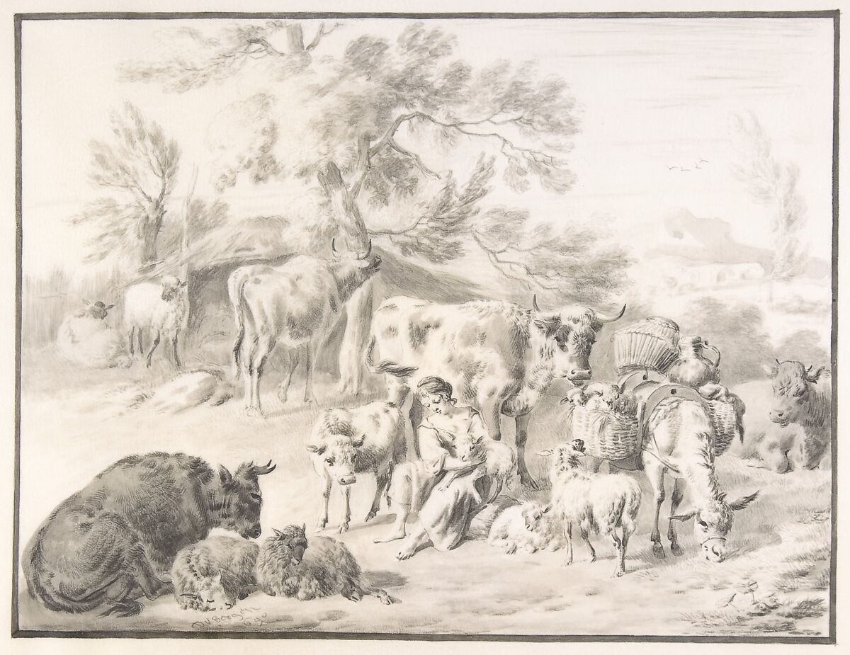 A Herdswoman Seated Amongst Her Animals, with a Lamb in Her Arms, Dirck van Bergen (Dutch, Haarlem 1645–1690/1702 Haarlem), Pen and black ink, point of the brush and gray ink and wash over black chalk, with broad gray framing lines and broad margins, on vellum