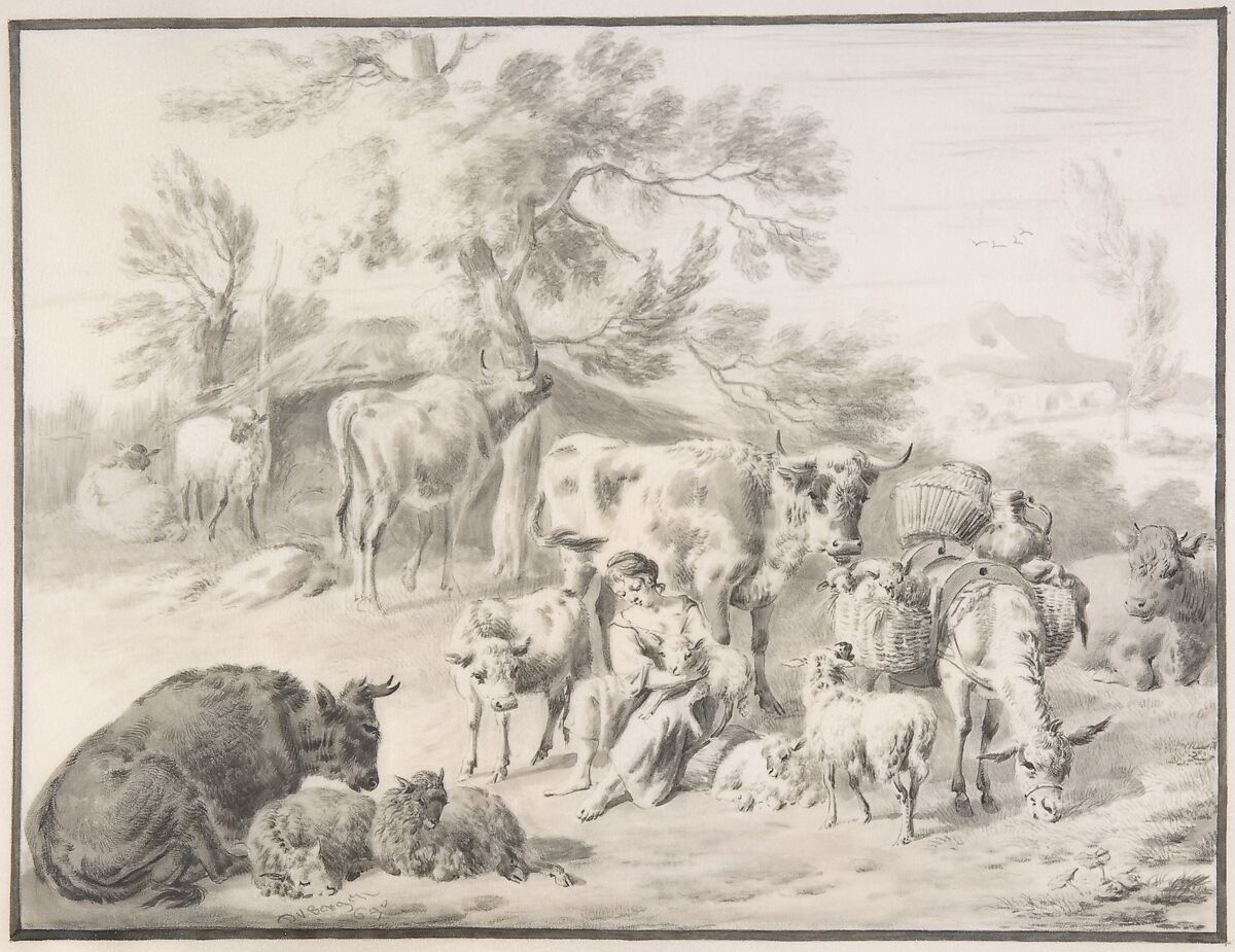 A Herdswoman Seated Amongst Her Animals, with a Lamb in Her Arms, Dirck van Bergen (Dutch, Haarlem 1645–1690/1702 Haarlem), Pen and black ink, point of the brush and gray ink and wash over black chalk, with broad gray framing lines and broad margins, on vellum 