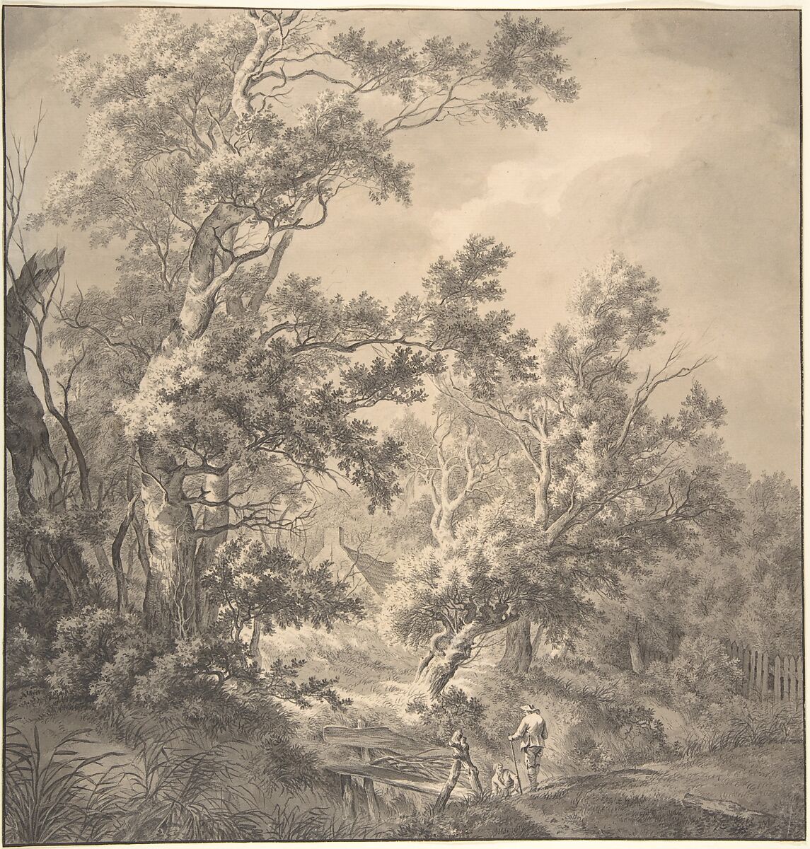 Landscape with a House Hidden Between Trees and Two Men Near a Small Bridge, Franciscus Andreas Milatz (Dutch, Haarlem 1764–1808 Haarlem), Black chalk and brush and gray ink and wash, within black ink framing lines 
