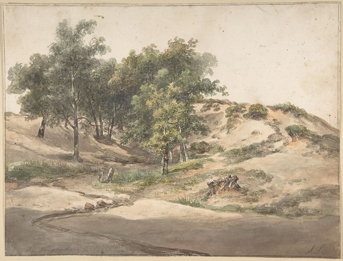 A Wooded Landscape Near Beekhuizen, Andreas Schelfhout (Dutch, The Hague 1787–1870 The Hague), Watercolor over black chalk; framing lines in pen and black ink 