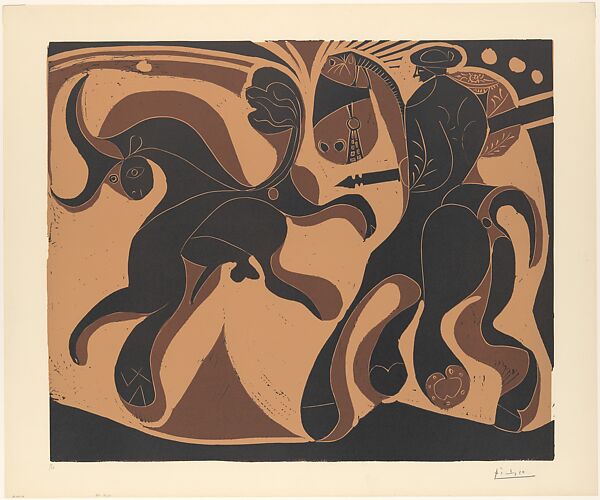 Bull and Picador, Pablo Picasso (Spanish, Malaga 1881–1973 Mougins, France), Linoleum cut 