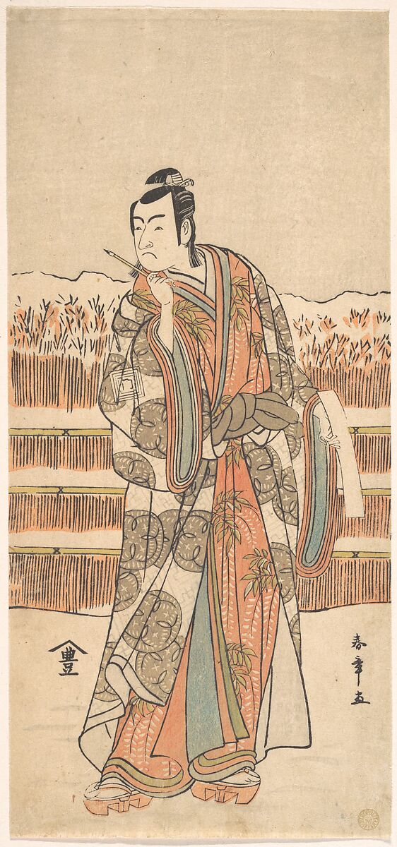 The Second Ichikawa Monnosuke as a Man of High Rank Standing in the Snow, Katsukawa Shunshō　勝川春章 (Japanese, 1726–1792), Woodblock print (nishiki-e); ink and color on paper, Japan 