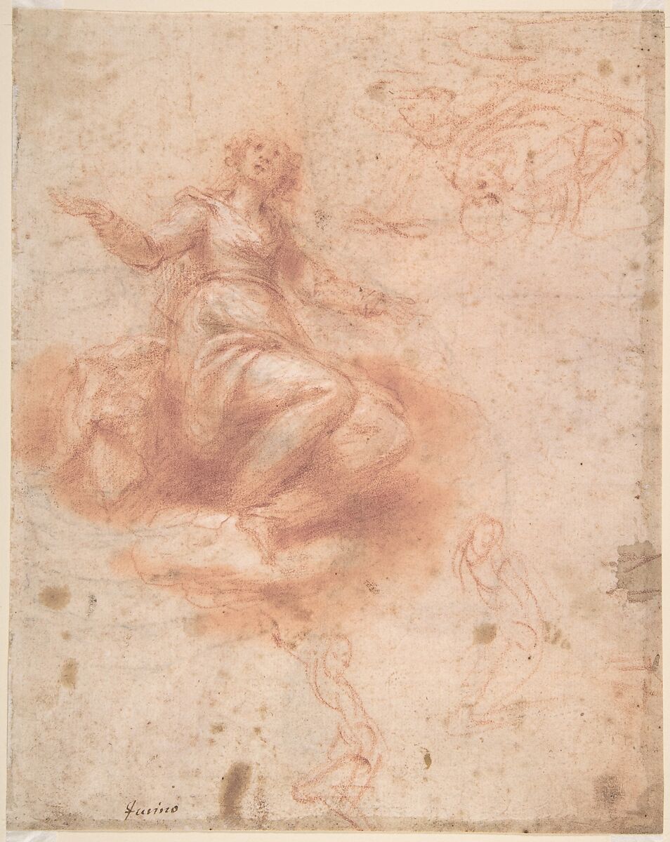 Young Woman on a Cloud with Three Figures (recto); Studies of an Old Man and a Hand (verso), Francesco Furini (Italian, Florence 1603–1646 Florence), Red chalk, highlighted with white chalk 