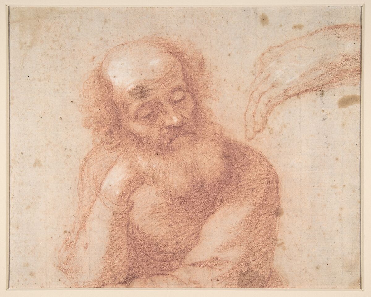 Young Woman on a Cloud with Three Figures (recto); Studies of an Old Man and a Hand (verso), Francesco Furini (Italian, Florence 1603–1646 Florence), Red chalk, highlighted with white chalk
