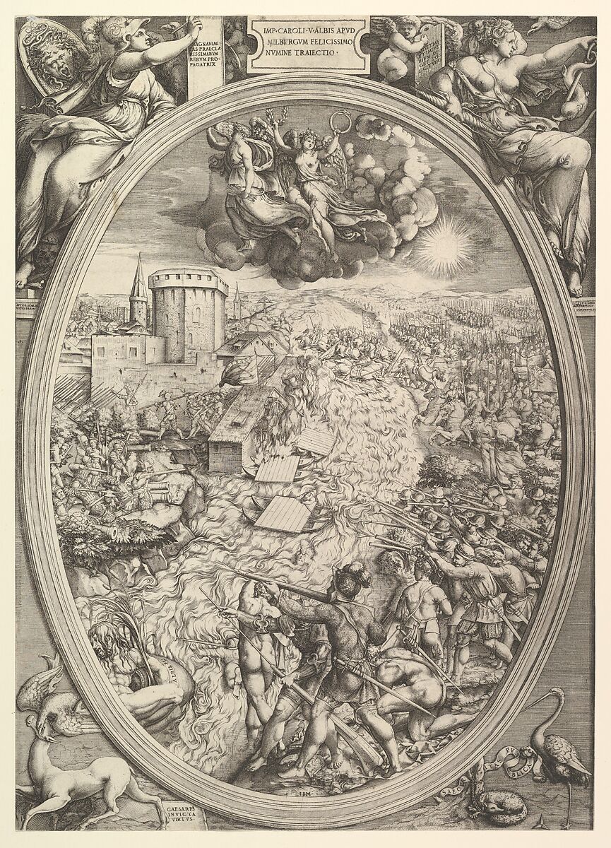 The Battle of Mühlberg with the army of Charles V crossing the Elbe River, Enea Vico (Italian, Parma 1523–1567 Ferrara), Engraving 