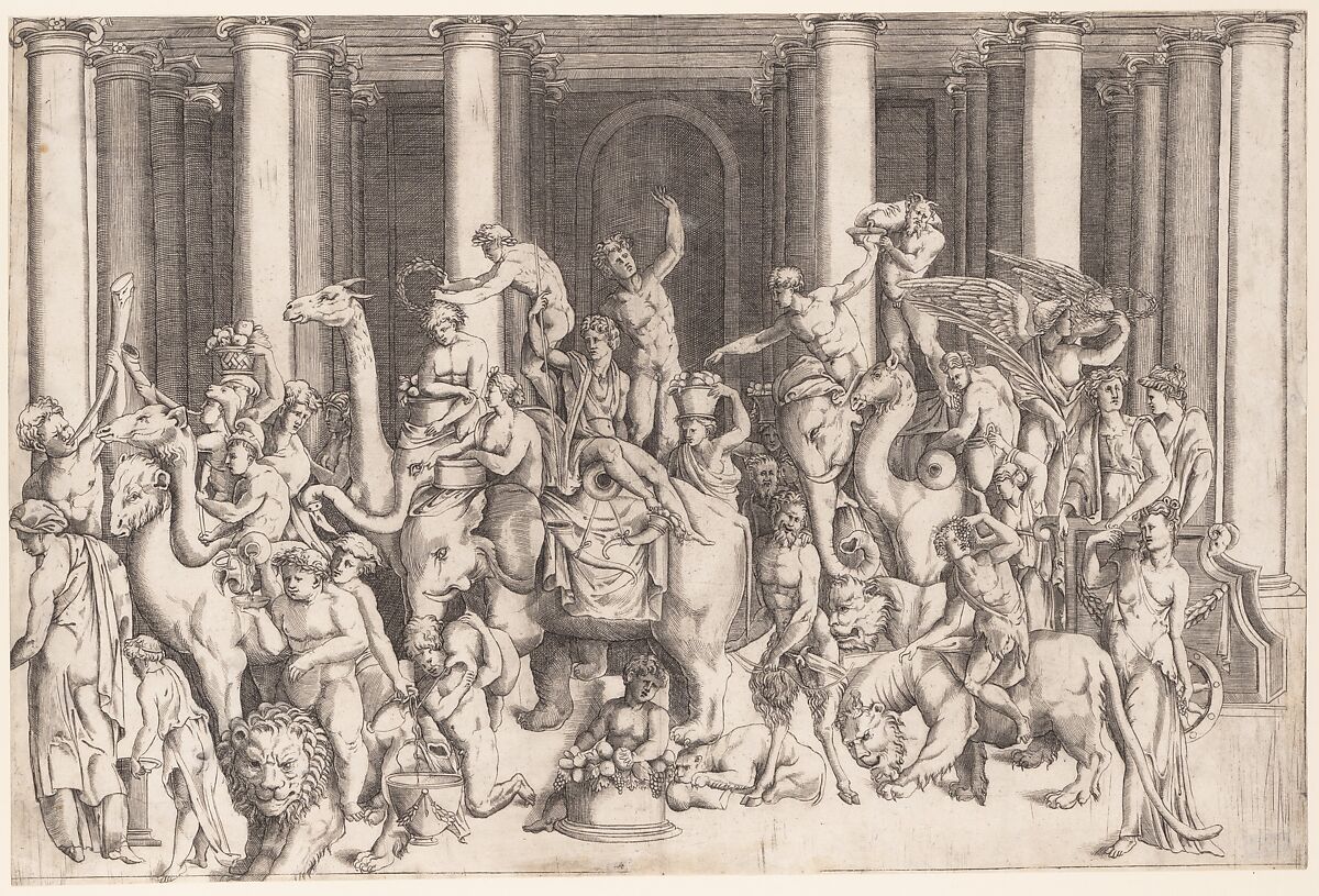 The Indian Triumph of Bacchus, Attributed to Enea Vico (Italian, Parma 1523–1567 Ferrara)  , after an ancient relief sculpture, Engraving 