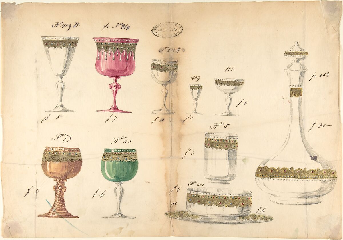 One of Twenty-Three Sheets of Drawings of Glassware (Mirrors, Chandeliers, Goblets, etc.), Compagnia di Venezia e Murano (Italian 1872–1909), Tissue with pencil, pen and ink, and watercolor 