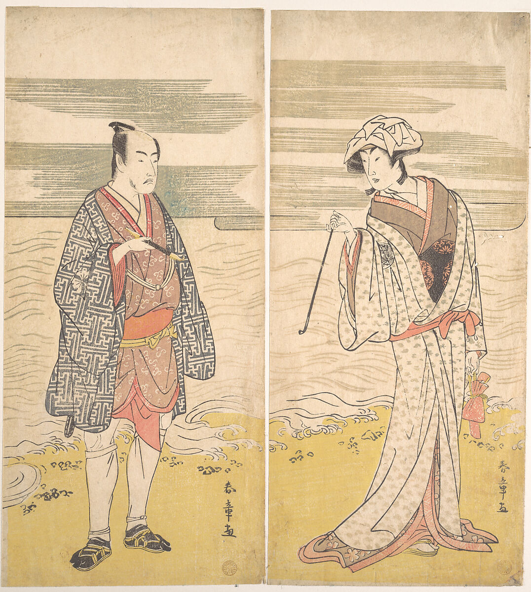 The Fourth Matsumoto Koshiro as a Man Dressed in a Short Kimono, Katsukawa Shunjō (Japanese, died 1787), Diptych of woodblock prints; ink and color on paper, Japan 