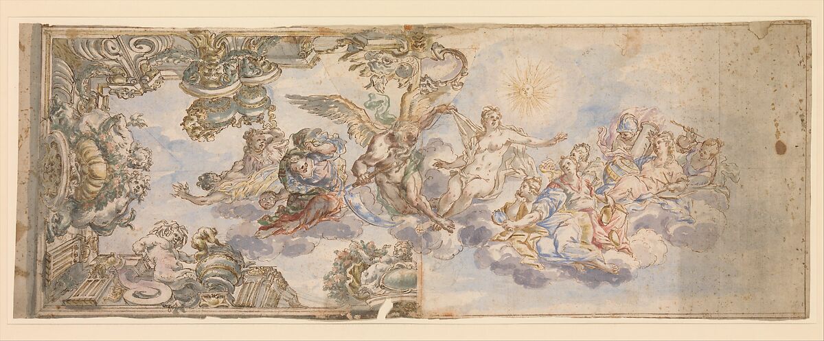 Allegorical Design for a Ceiling Fresco, After Francesco Albani (Italian, Bologna 1578–1660 Bologna), Pen and brown ink, watercolor, over black chalk or leadpoint 