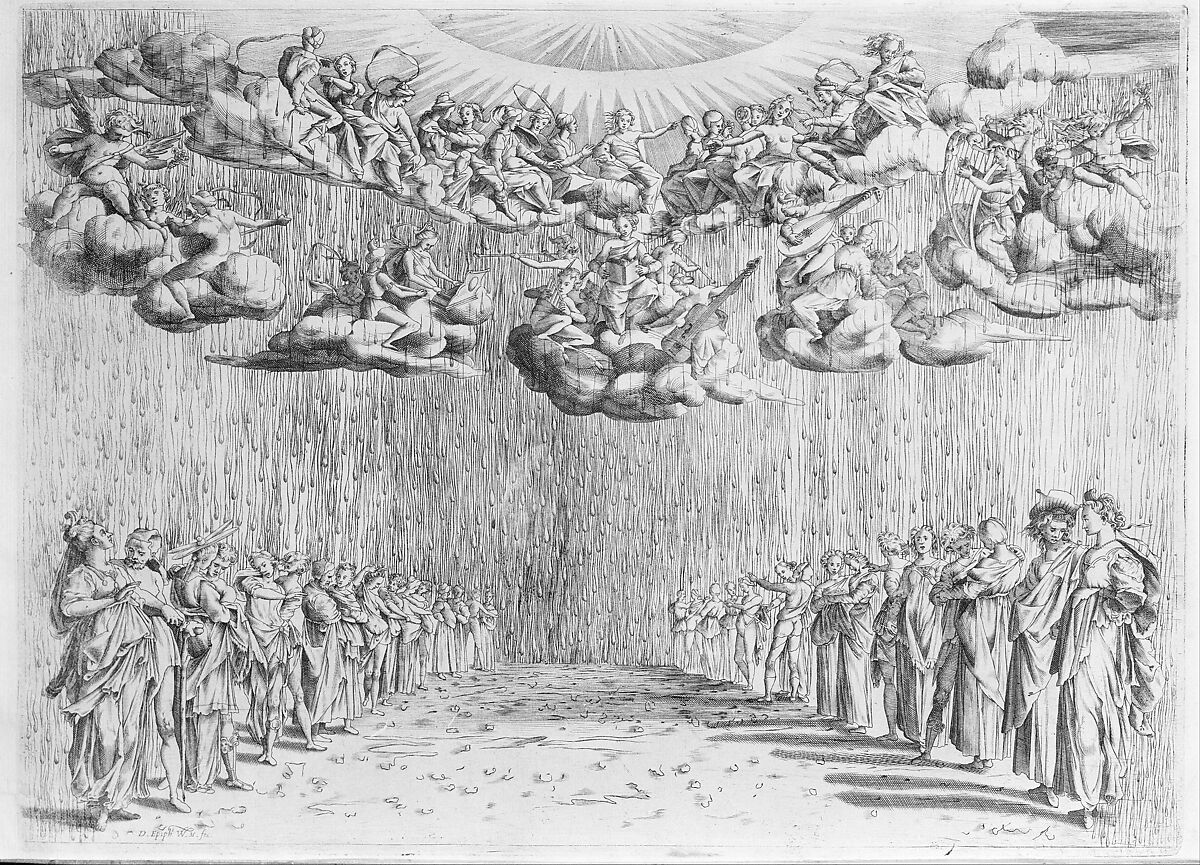 Design for the Stage for 'Intermedio 6', from an Album with Plates documenting the Festivities of the 1589 Wedding of Ferdinand I and Christine of Lorraine, Epifanio d&#39;Alfiano (Italian, ca. 1581–1607), Etching 