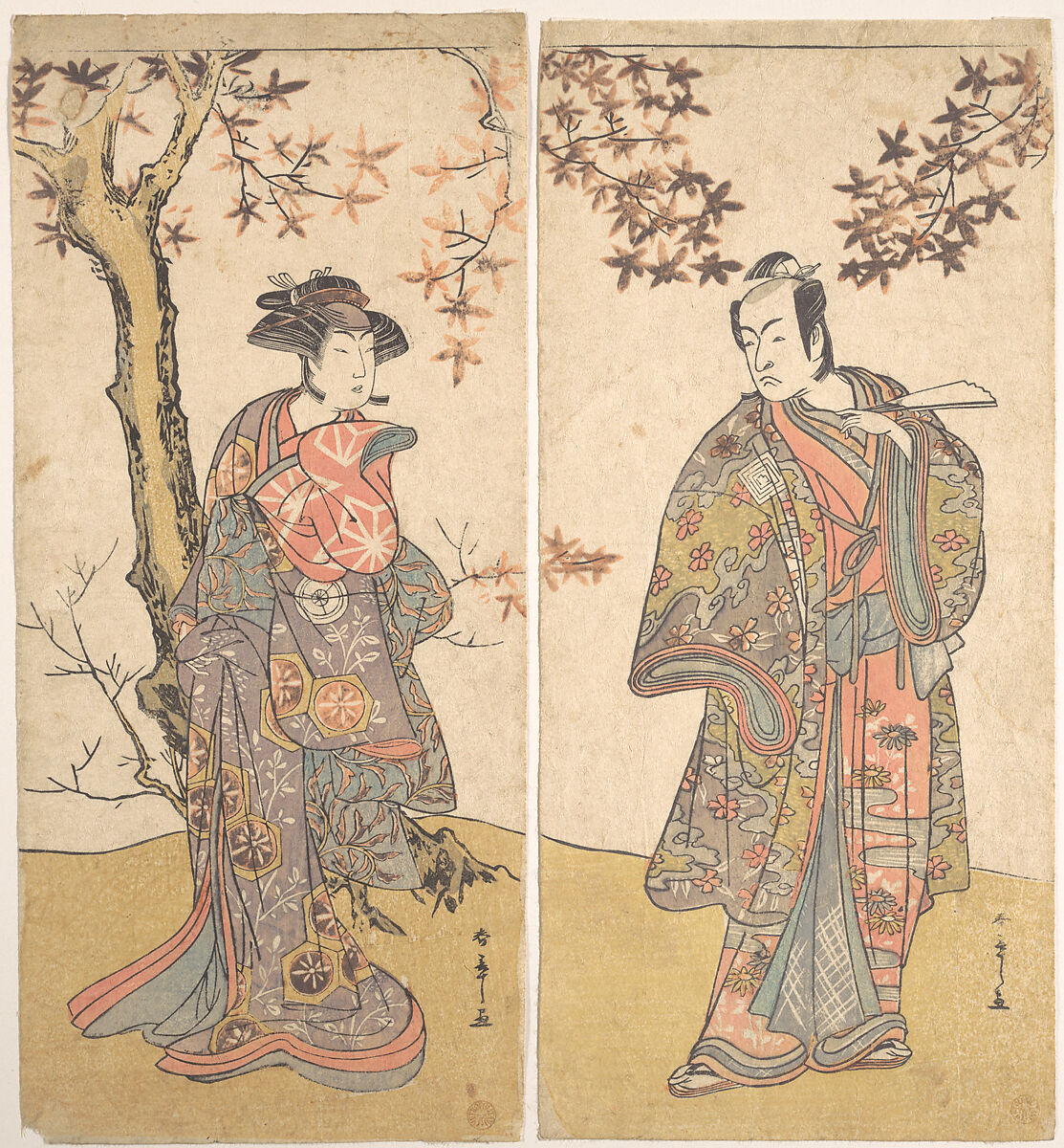 The Second Ichikawa Monnosuke as an Unarmed Man, Katsukawa Shunshō　勝川春章 (Japanese, 1726–1792), Diptych (probably two sheets of a triptych) of woodblock prints (nishiki-e); ink and color on paper, Japan 