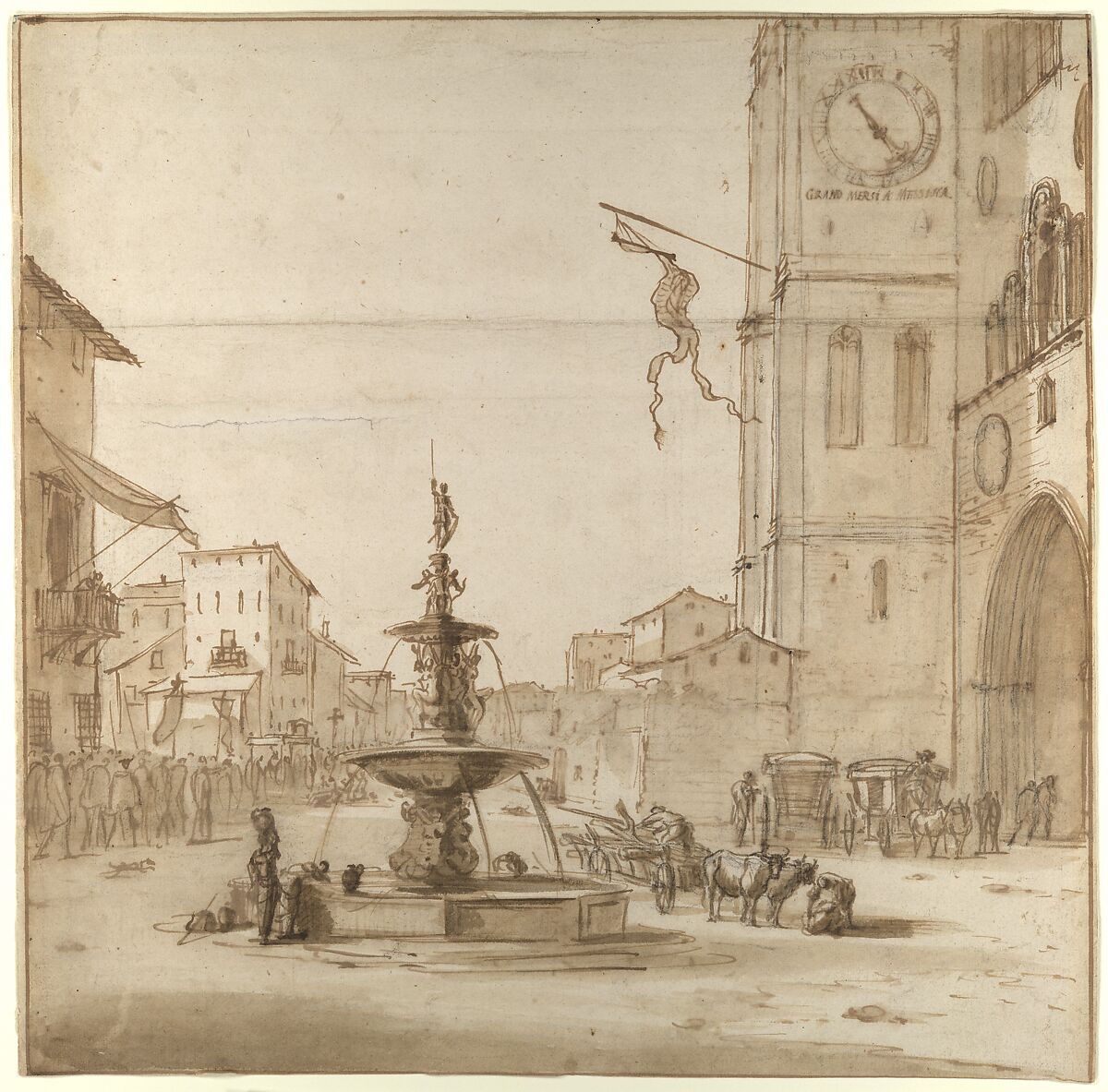 A View of the Piazza del Duomo, Messina, with the Fountain of Orion, the Cathedral to the right, Willem Schellinks (Dutch, Amsterdam 1623–1678 Amsterdam), Black chalk, pen and brown ink, brown wash