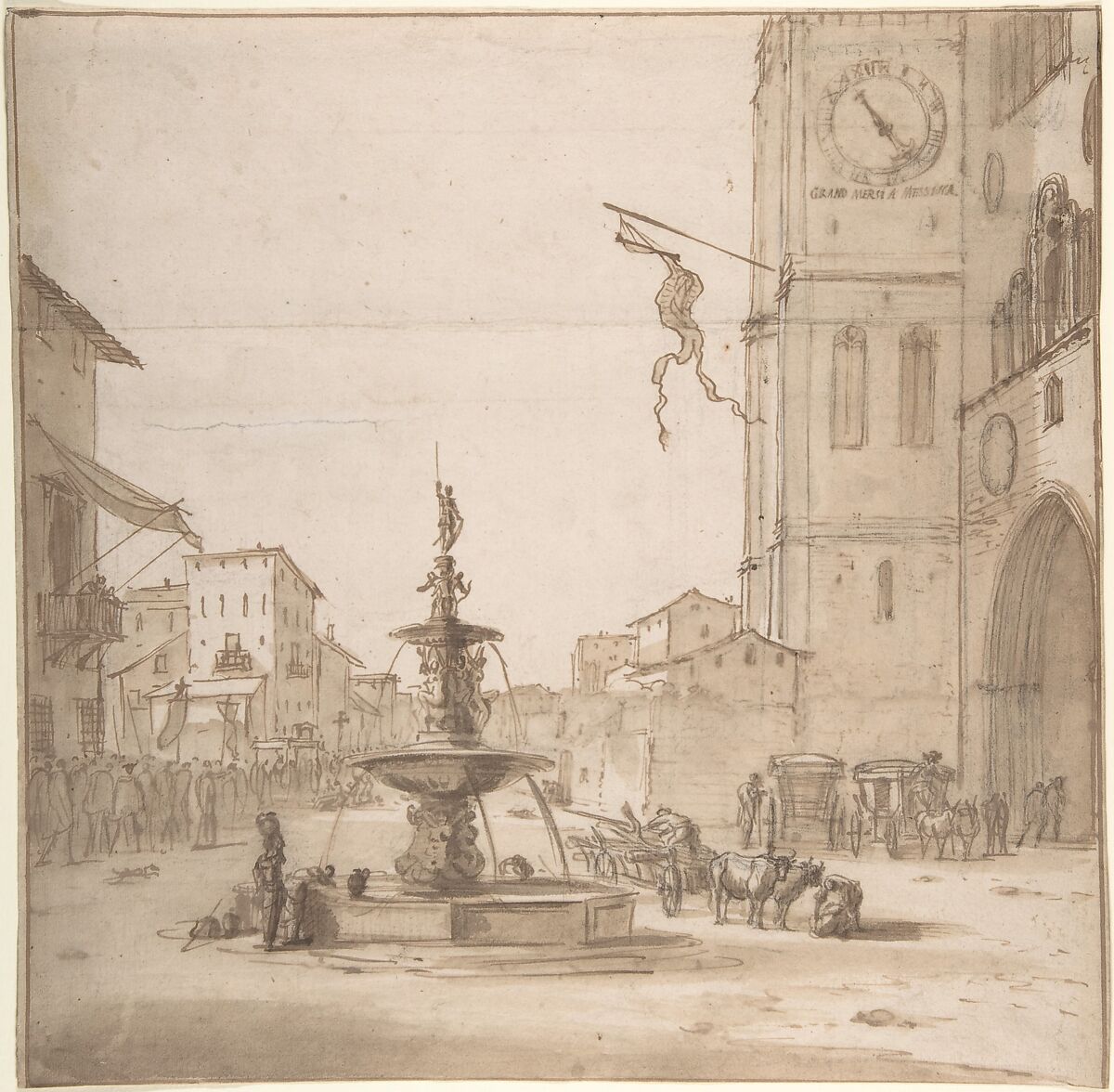 A View of the Piazza del Duomo, Messina, with the Fountain of Orion, the Cathedral to the right, Willem Schellinks (Dutch, Amsterdam 1623–1678 Amsterdam), Black chalk, pen and brown ink, brown wash 