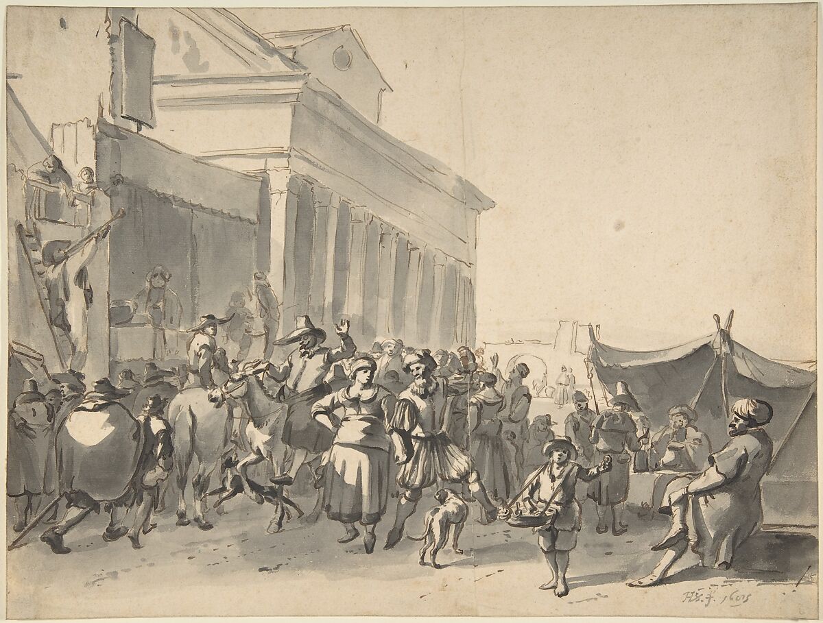 An Italian City with a Crowd Watching Actors in an Outdoor Theater, Hendrick Verschuring (Dutch, Gorinchem 1627–1690 near Dordrecht), Black chalk, pen and brown ink, gray wash, black lead framing lines 