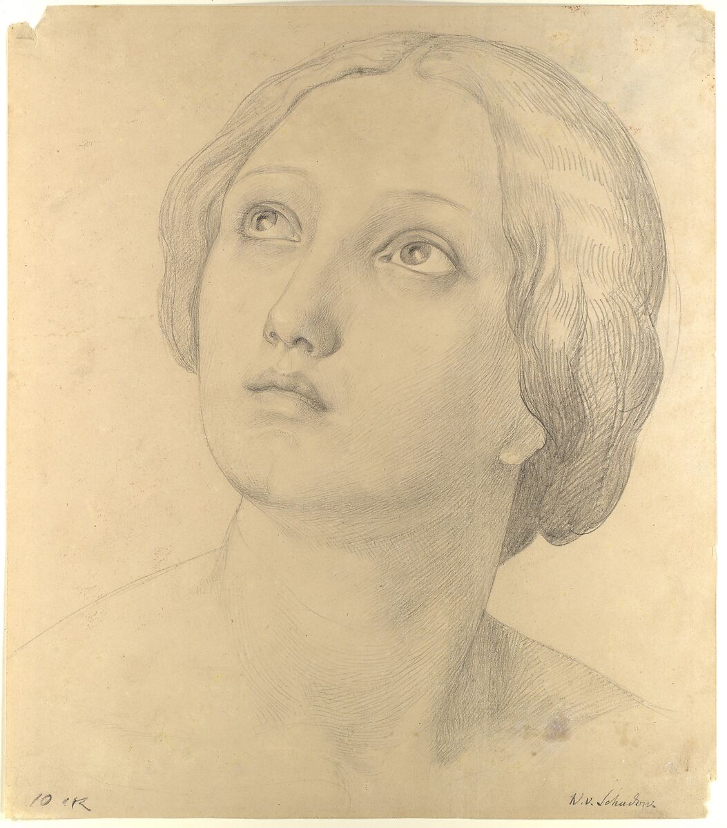 Head of a Woman Looking Up, Wilhelm Schadow (German, Berlin 1788–1862 Düsseldorf), Pencil on light brown paper