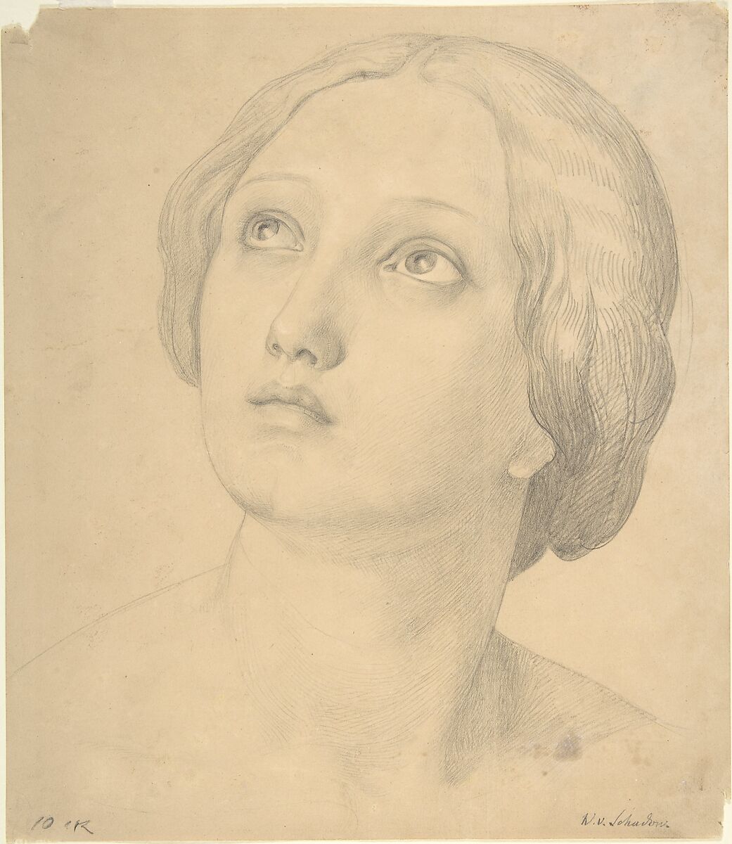 Head of a Woman Looking Up, Wilhelm Schadow (German, Berlin 1788–1862 Düsseldorf), Pencil on light brown paper 