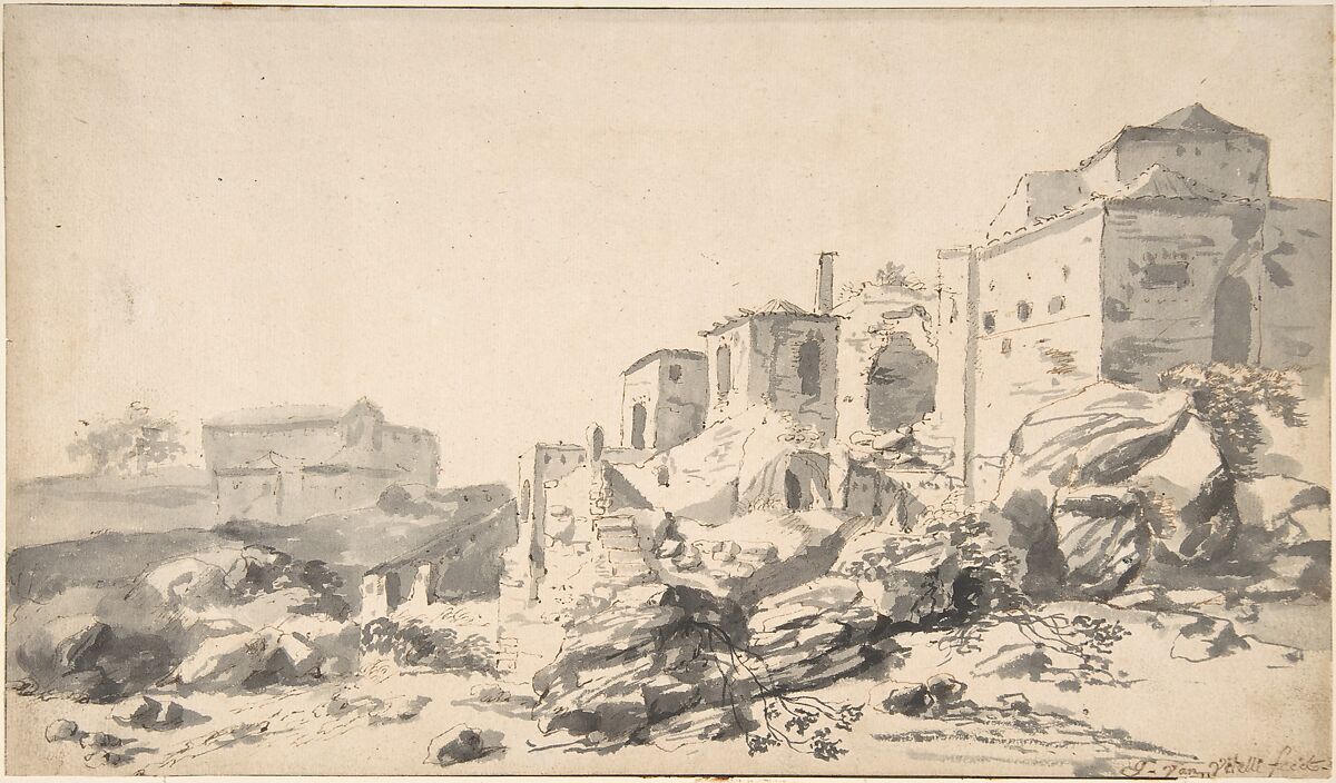 View of Bomarzo, Horatius de Hooch (Dutch, active ca. 1652–86), Pen and brown ink and gray and black wash 