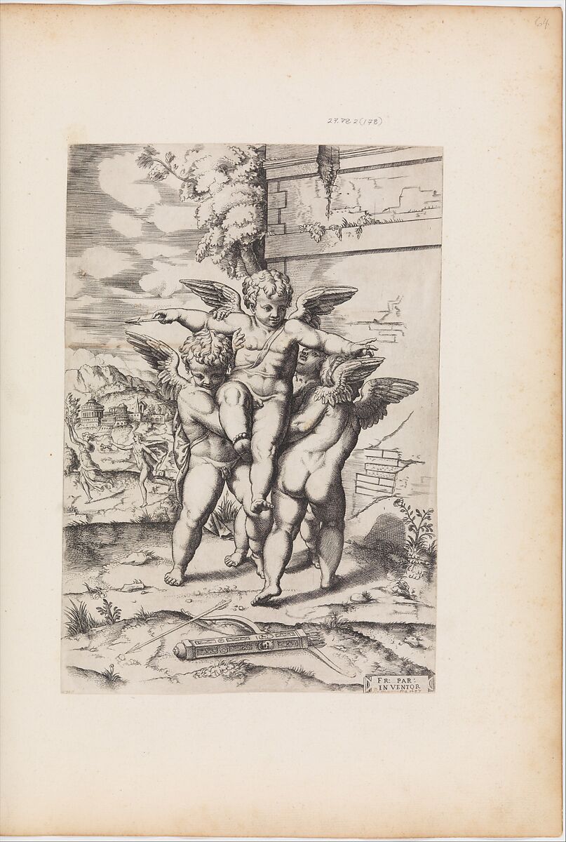 [Four Cupids; Apollo and Daphne in the Background], Engraved by Anonymous, Italian, 16th to early 17th century, Engraving 