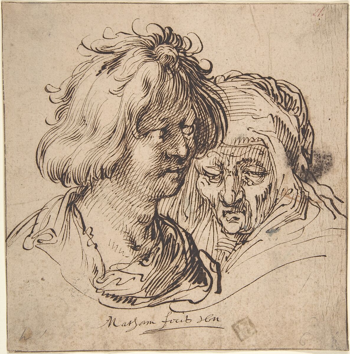 Young Man and Old Woman, Jacob Matham (Netherlandish, Haarlem 1571–1631 Haarlem), Pen and brown ink; framing lines in pen and brown ink 