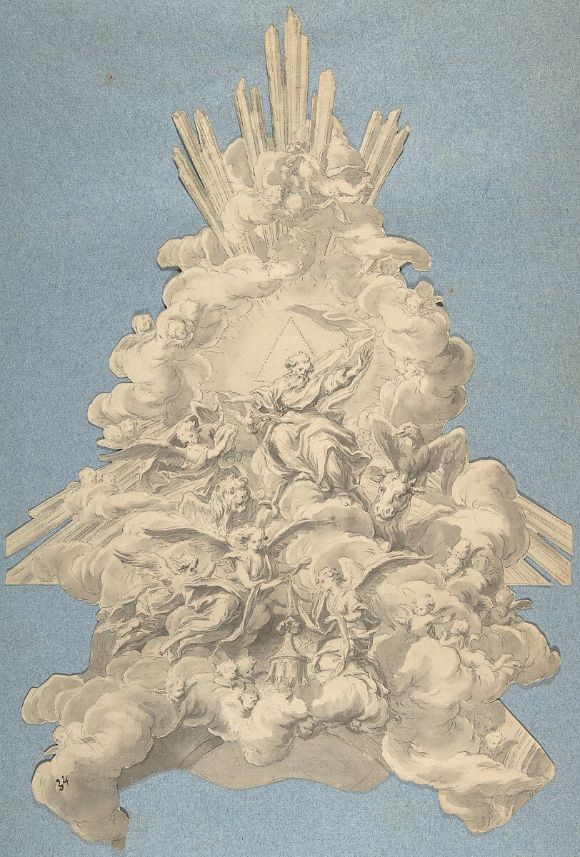 God the Father Surrounded by Angels and the Four Animals, Symbols of the Evangelists, Anonymous, German, 18th century, Brush and gray ink over graphite, cut out and adhered to blue paper 