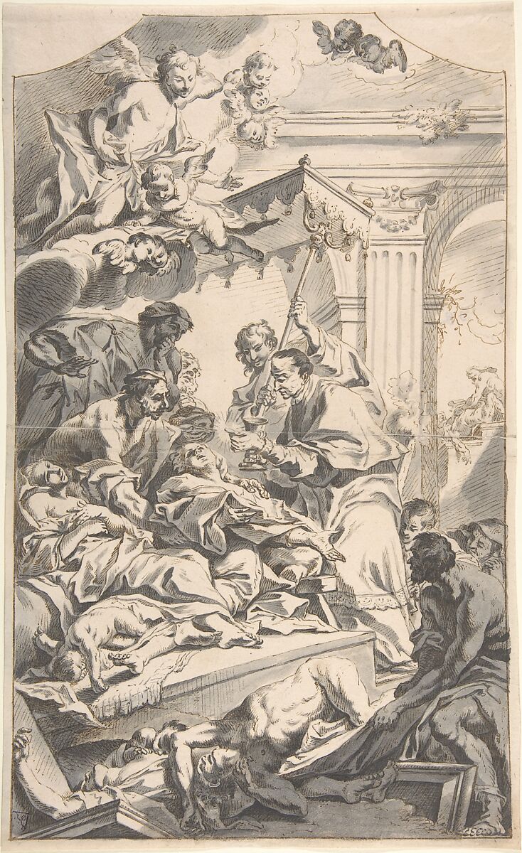 Saint Carl Borromäus Giving Extreme Unction to the Plague-Stricken., Johann Daniel Herz the Elder (German, Augsburg 1693–1754 Augsburg), Pen and brown ink and brush and gray ink 