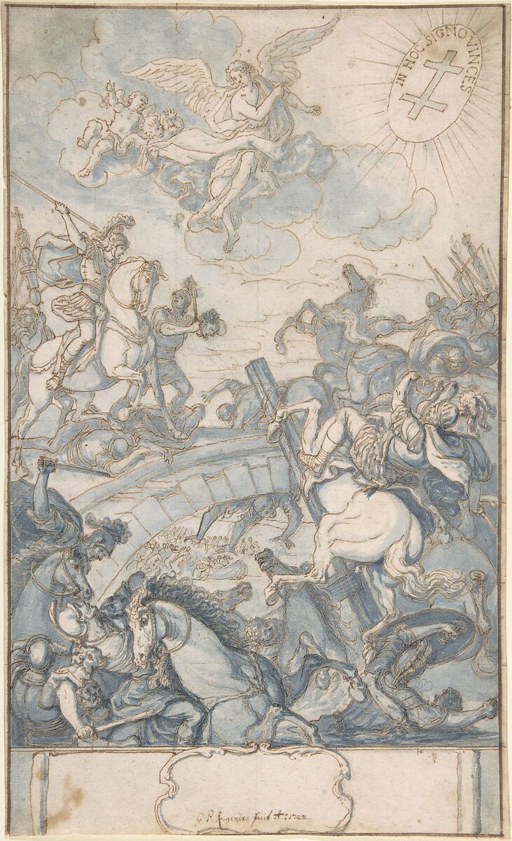 Constantine's Battle at the Milvian Bridge, Georg Philipp Rugendas (German, Augsburg 1666–1743 Augsburg), Pen and brown ink, brush and gray wash 