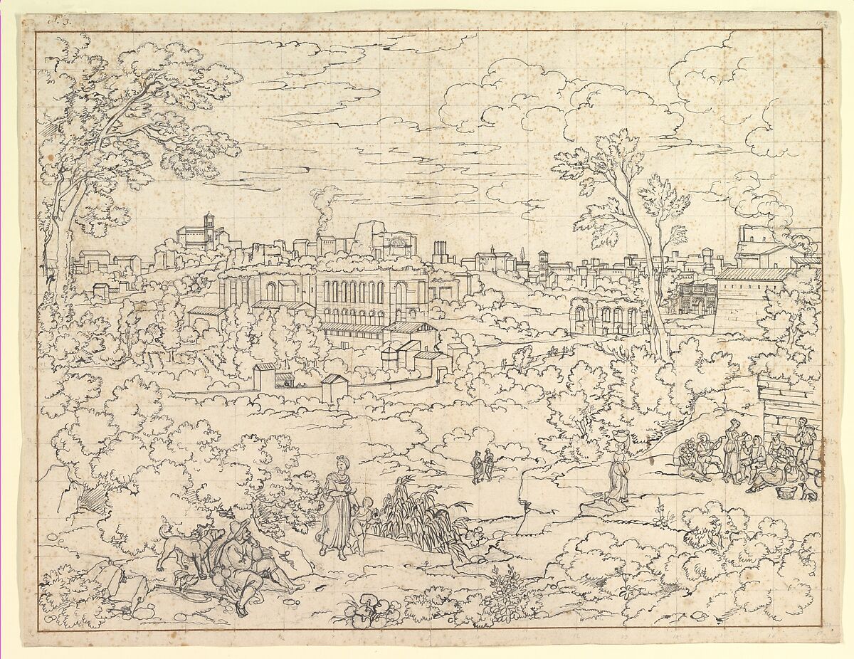 Ruins of the Imperial Palaces in Rome, Joseph Anton Koch  Austrian, Pen and black ink over graphite; squared in graphite; framing lines in brown ink