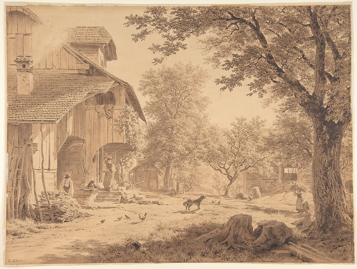 Swiss Farm ('Hirtenhof'), Robert Zünd (Swiss, Lucerne 1827–1909 Lucerne), Brush and brown wash over graphite 