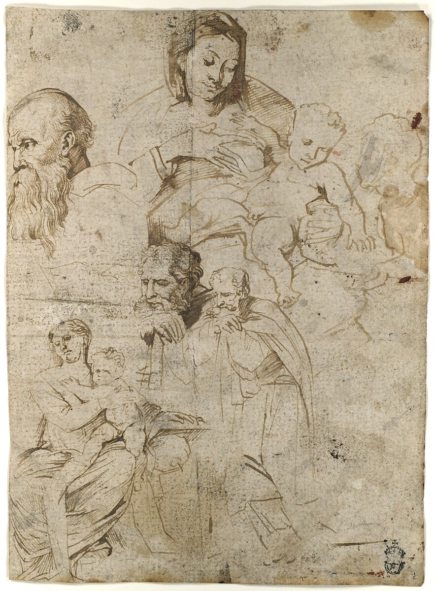 Sheet of Studies, Anthony van Dyck (Flemish, Antwerp 1599–1641 London), Pen and brown ink, brush and brown wash