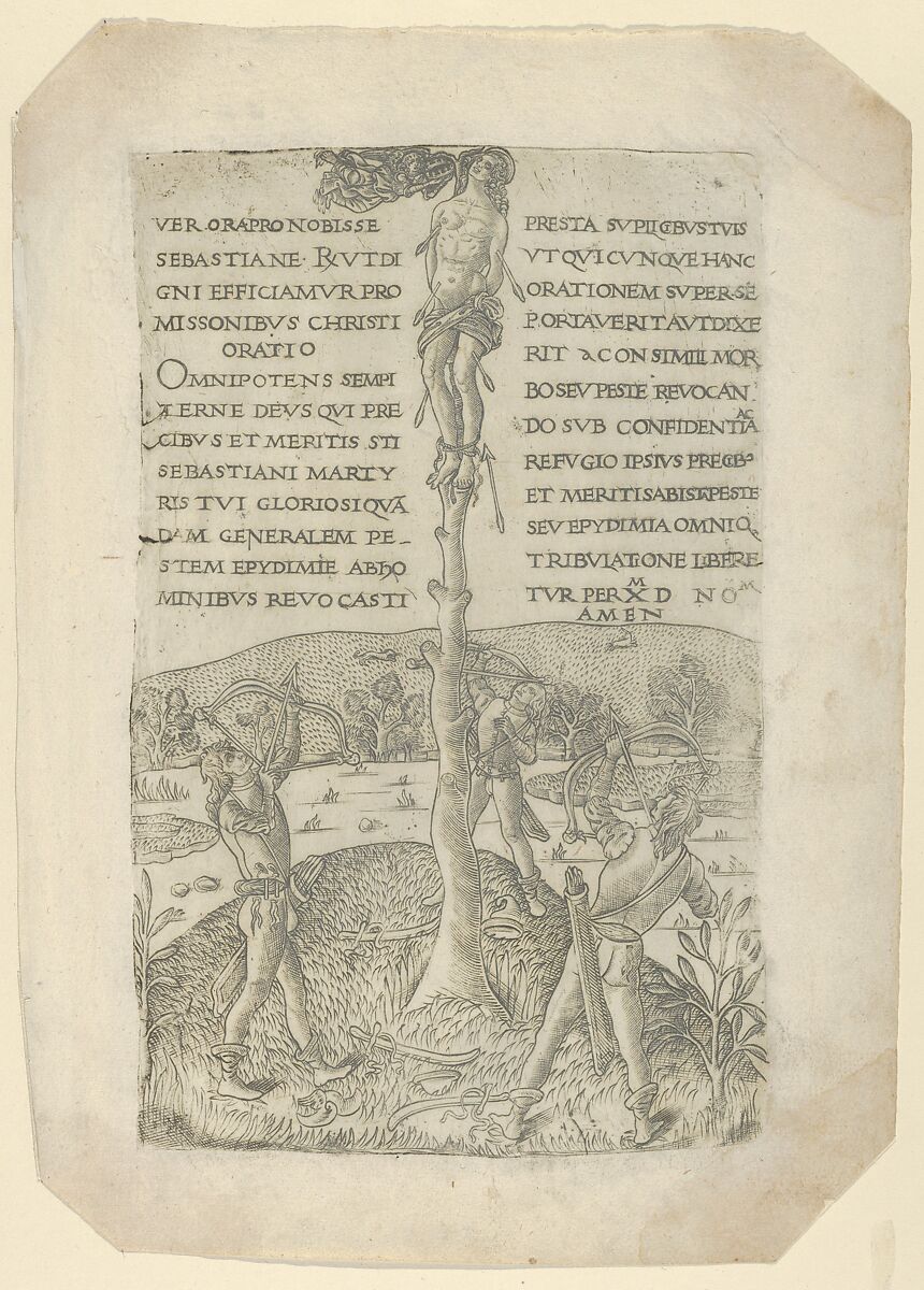 The Martyrdom of Saint Sebastian, with three archers, Anonymous, Italian, Florentine, 15th century, Engraving 