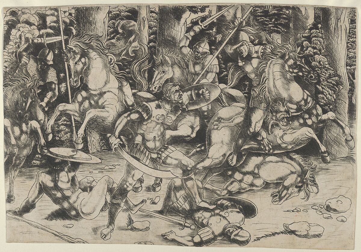 A battle of soldiers some on horseback, Master of 1515, Engraving with dry-point effect 
