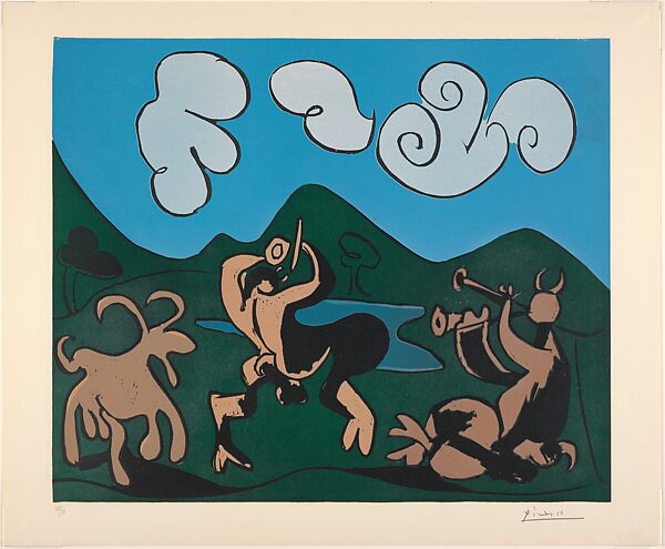 Fauns and Goat, Pablo Picasso (Spanish, Malaga 1881–1973 Mougins, France), Linoleum cut 