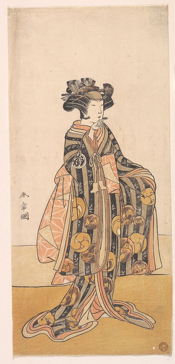 Yoshizawa Iroha as a Woman (Tomoe Gozen?) Standing on the Bank, Katsukawa Shunshō　勝川春章 (Japanese, 1726–1792), Woodblock print (nishiki-e); ink and color on paper, Japan 