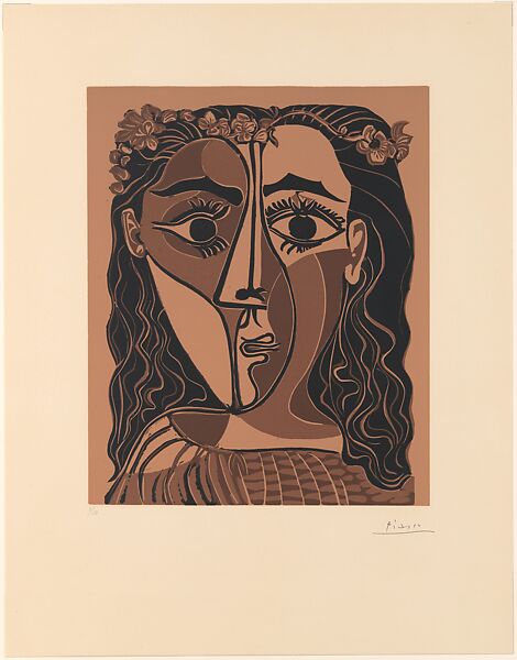 Small Head of a Woman with a Crown of Flowers, Pablo Picasso (Spanish, Malaga 1881–1973 Mougins, France), Linoleum cut 