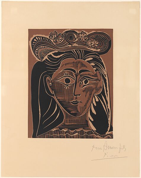 Jacqueline with a Flowery Straw Hat, Pablo Picasso (Spanish, Malaga 1881–1973 Mougins, France), Linoleum cut 