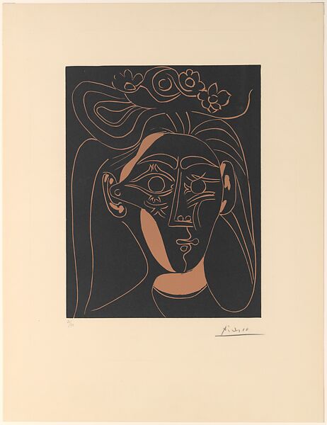 Jacqueline with a Flowered Hat I, Pablo Picasso (Spanish, Malaga 1881–1973 Mougins, France), Linoleum cut 