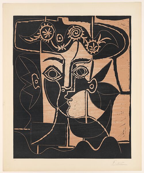 Large Head of Jacqueline with a Hat, Pablo Picasso (Spanish, Malaga 1881–1973 Mougins, France), Linoleum cut 
