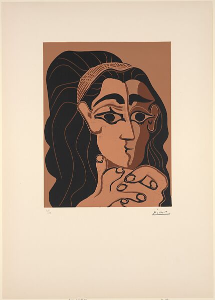 Jacqueline with a Headband Leaning on her Elbows, Pablo Picasso (Spanish, Malaga 1881–1973 Mougins, France), Linoleum cut 
