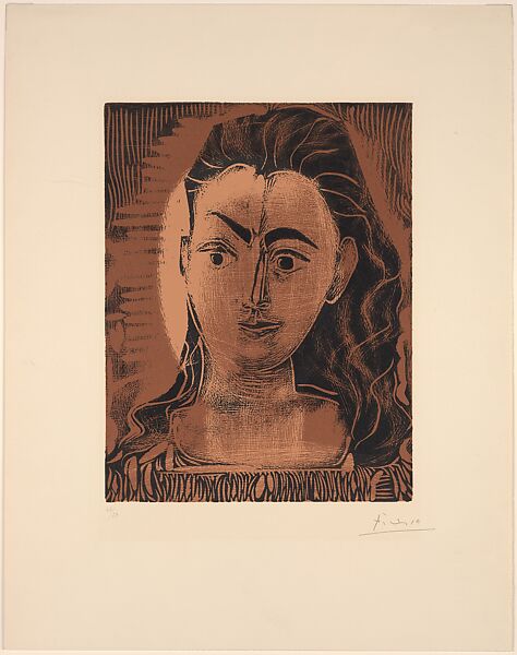 Jacqueline in a Printed Dress, Pablo Picasso (Spanish, Malaga 1881–1973 Mougins, France), Linoleum cut 